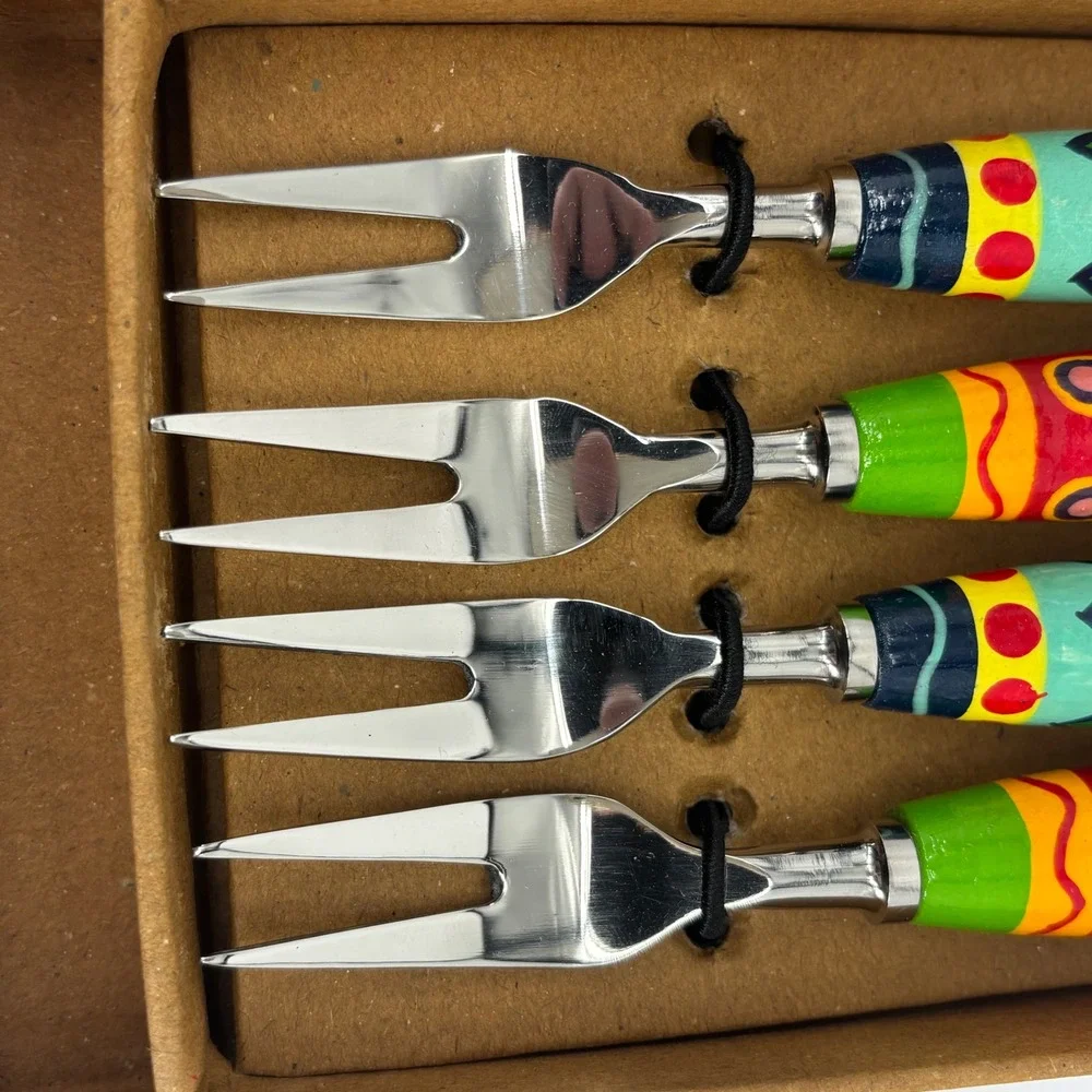 Bombay Store Handpainted Fruit Picker 4Pc Set Desert Appetizer Fork Geometric